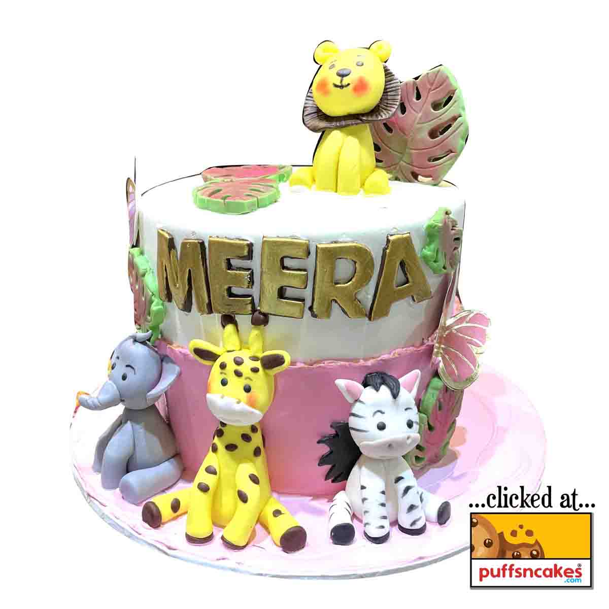 (1339) Jungle Lion Elephant Zebra Theme Semi Fondant Cake